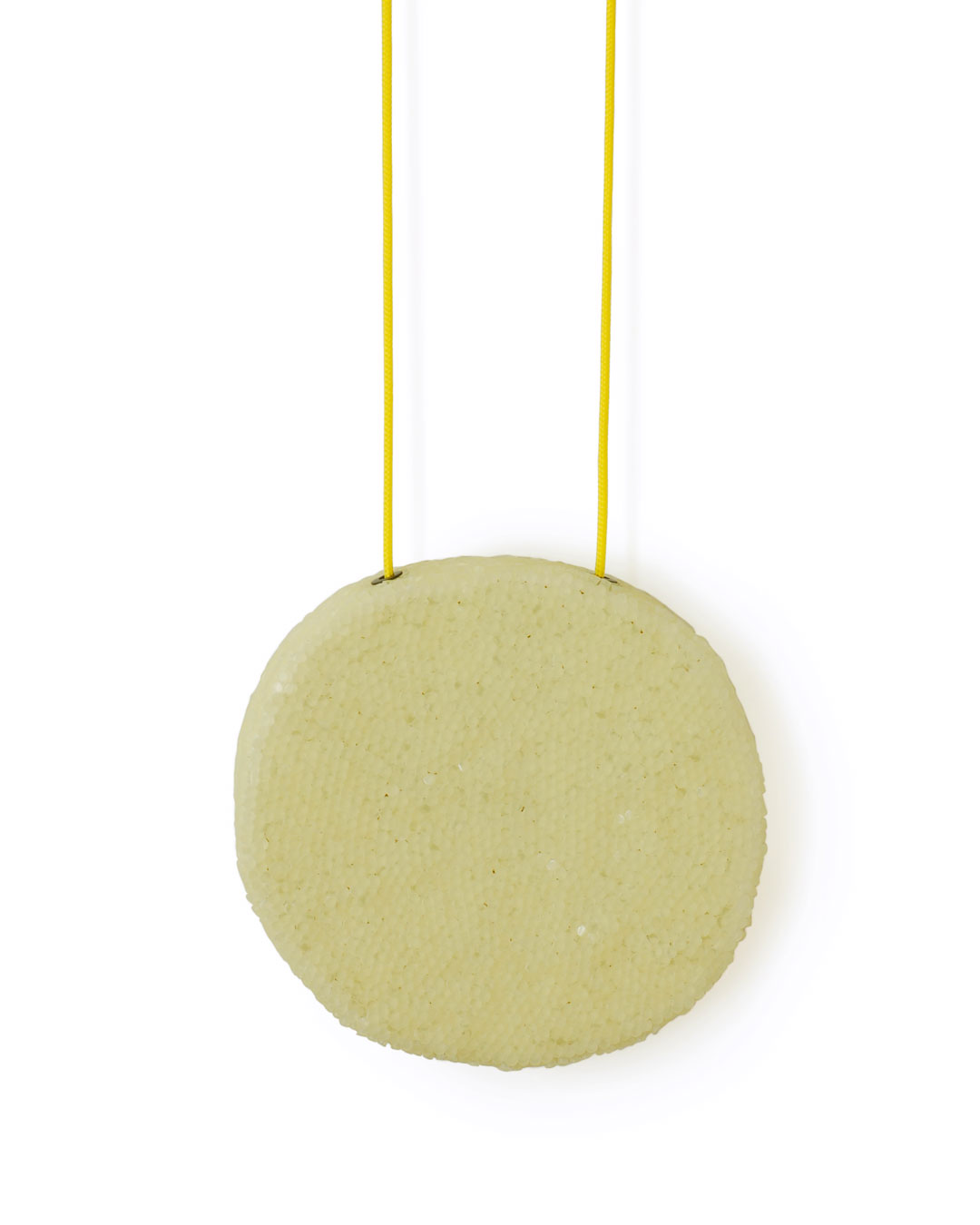 Karin Seufert, Moon Necklace, 2018, pendant; PVC (light yellow, white), oxidised silver, thread, 114 x 111 x 18 mm, €4850