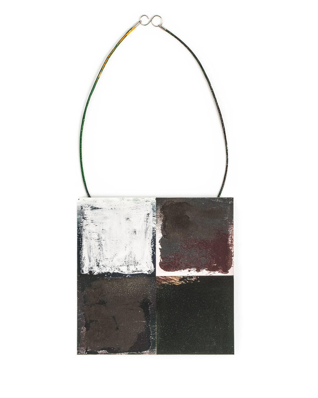 Robert Smit, untitled, 2019, necklace; canvas, ink, tinplate, cord, epoxy, silver, steel, 150 x 150 mm