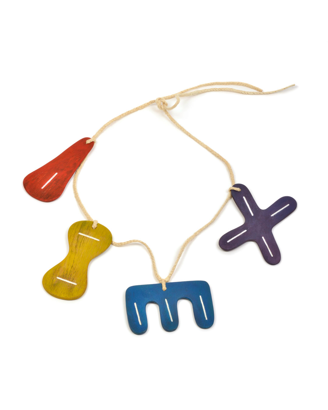 Julia Walter, 1, 2, 3, 4, 2019, necklace; 200-year-old Japanese oak, paint, handmade flax string, 700 x 460 x 15 mm, € 1940