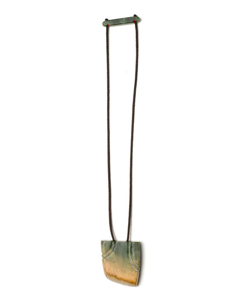 Neke Moa, Takirua - Dualities, 2018, necklace; pounamu, wax cord, paint,  60 x 80 x 20 mm, €1450 (image 1 of 2)